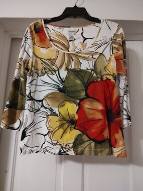 Chico's White Scoop Neck Top with Red, Yellow & Olive Floral Print